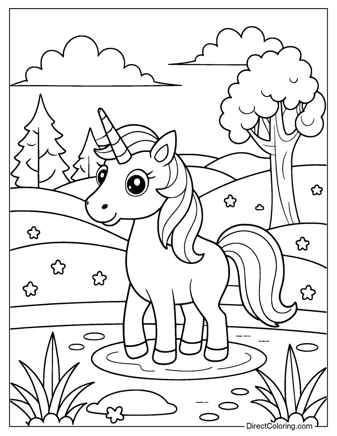 Color Page Unicorn in a Lake for Kids
